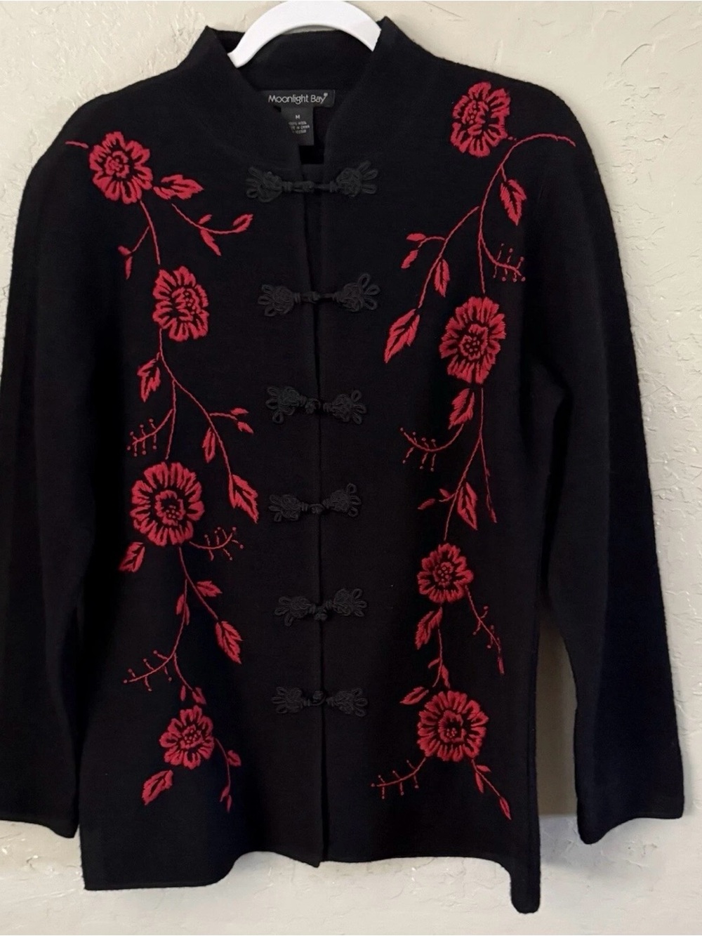 Moonlight Bay Black Wool Sweater Cardigan with Red Floral Embroidery
